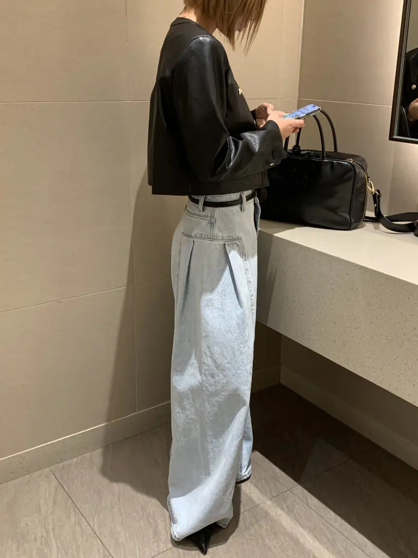 Women’s Korean-style Temperament High Waist Pleated Stitching Wide-leg Jeans