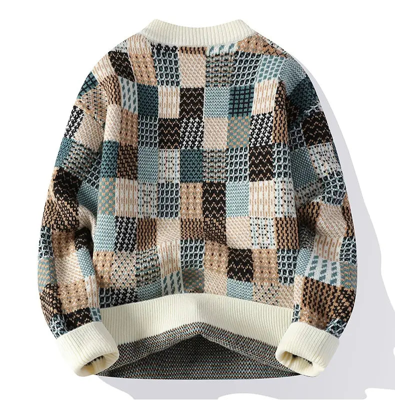 Men’s Simple Casual Plaid Printed Thick Warm Sweater