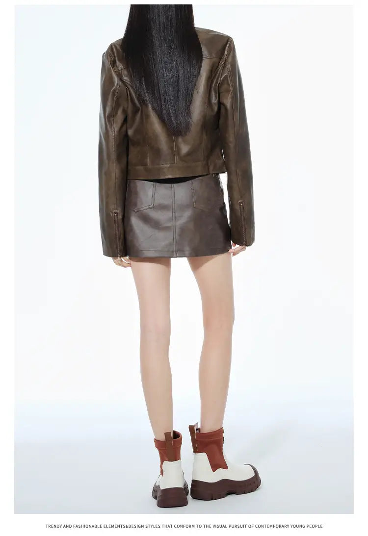 Short Leather Jacket Slim Brown Jacket Motorcycle Jacket