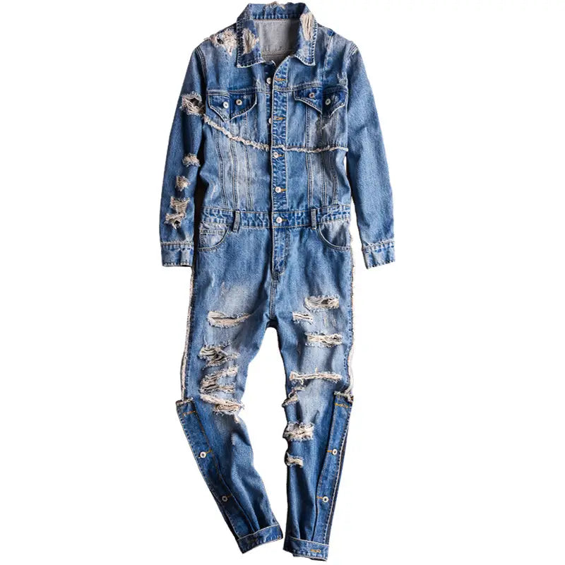 Men’s Denim Hip Hop Ripped Wash Cargo Jumpsuit