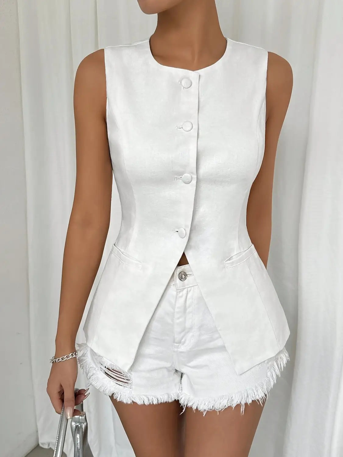 Sleeveless Button Round Neck Elegant Vest