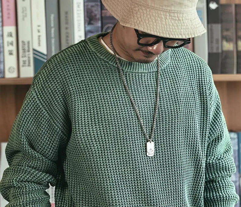 Pineapple Pattern Waffle Thick Needle Washed Round Neck Sweater