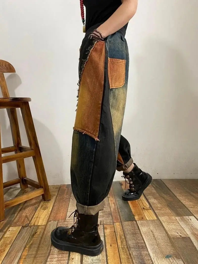 New Personalized Breasted Frayed Color Block Denim Harem Pants Loose Slimming Women