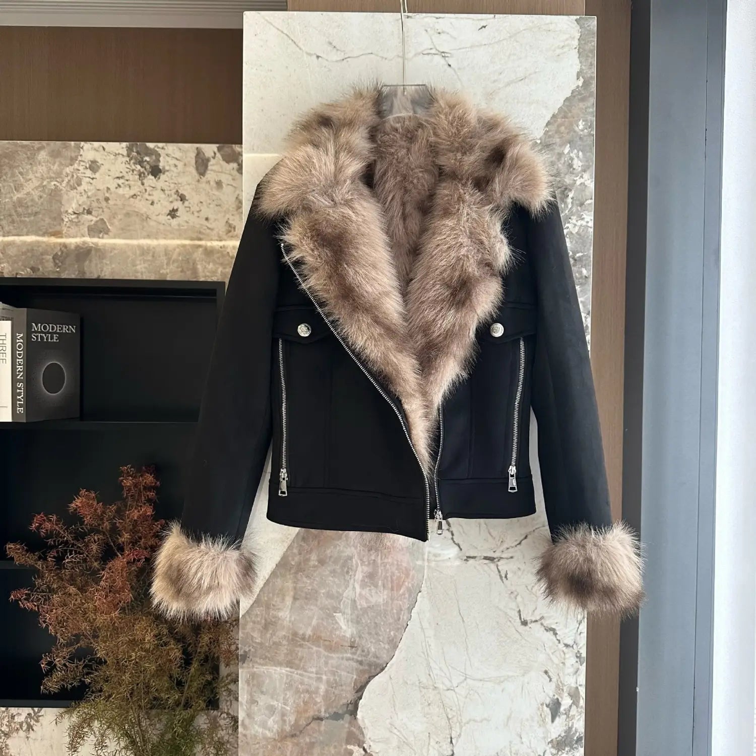 Winter Black Fur Motorcycle Warm Jacket