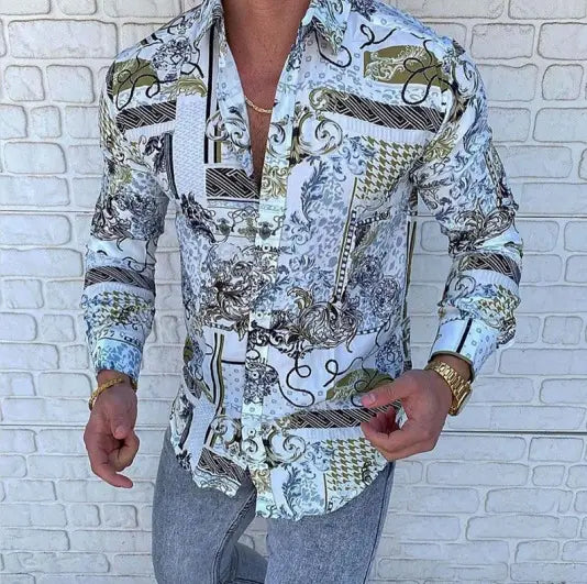 European And American Men’s Long-sleeved Shirt Casual Printing