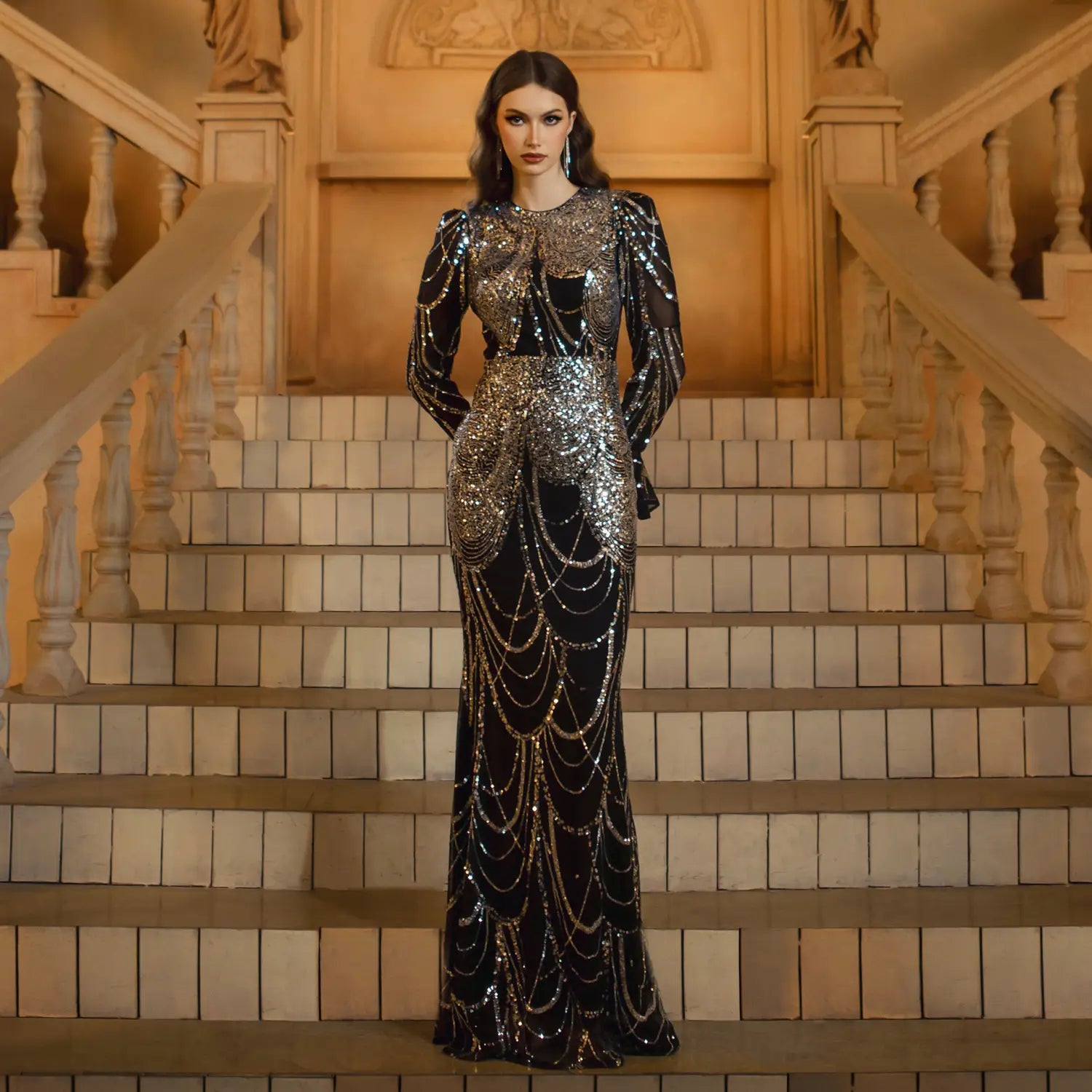 Long Sleeve Round Neck Slim-fit Sheath Sequined Banquet Fishtail Evening Dress