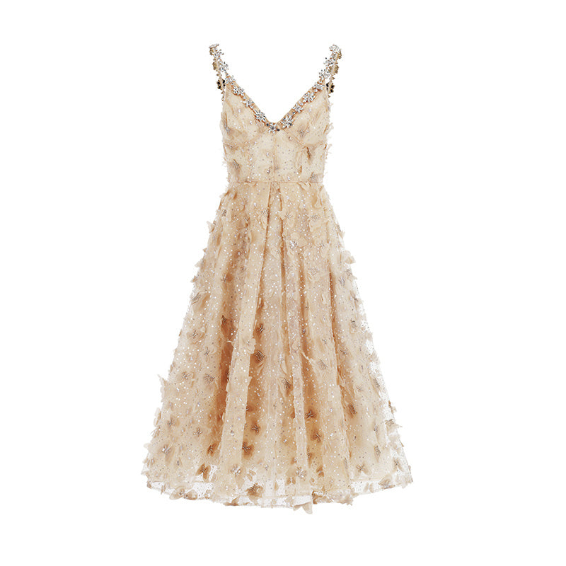 Women’s Crystal Suspender Birthday Engagement Cocktail Dress - Champagne / XS