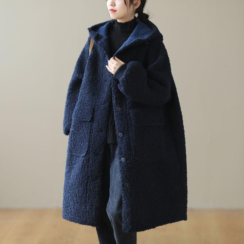 European And American Plus Size Loose Lamb Wool Younger Hoodie Padded Coat Women - Blue / Free Size