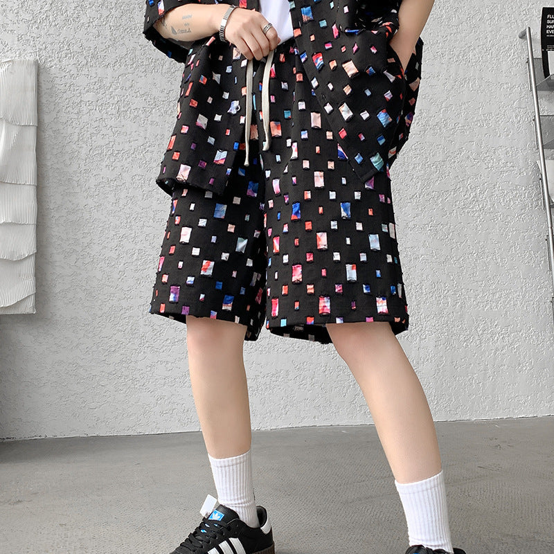 Summer New Chessboard Plaid Shirt Short Sleeve Shorts Suit - Black Shorts / M