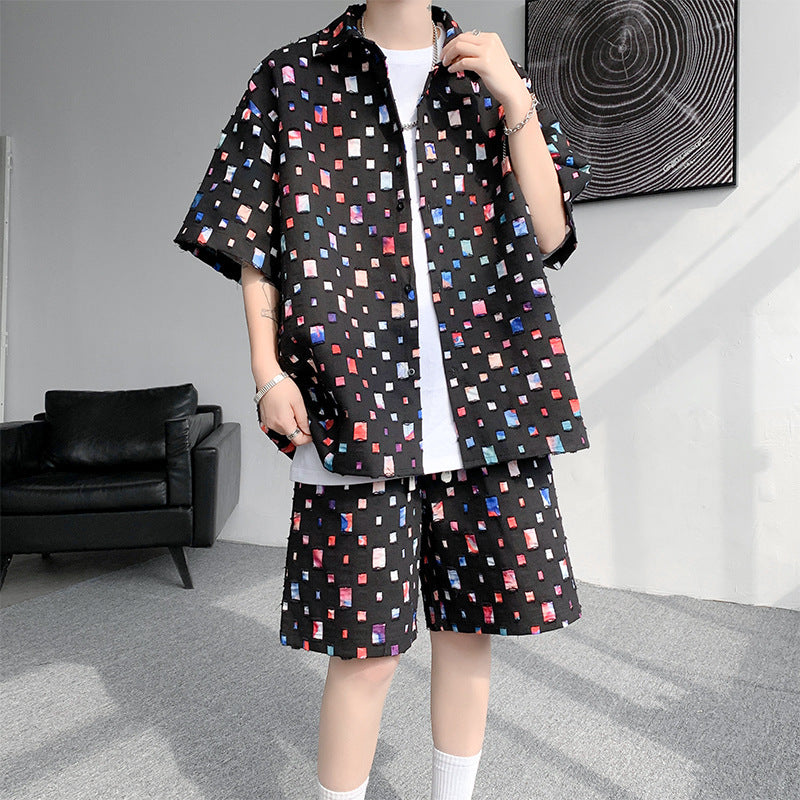 Summer New Chessboard Plaid Shirt Short Sleeve Shorts Suit - Black Suit / M