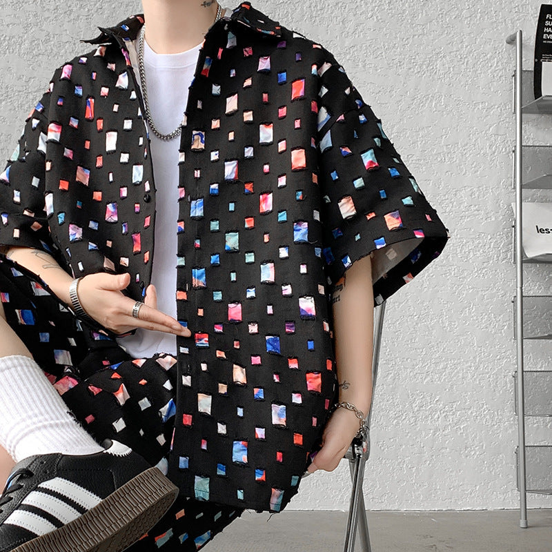 Summer New Chessboard Plaid Shirt Short Sleeve Shorts Suit - Black Top / M