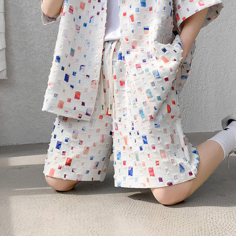 Summer New Chessboard Plaid Shirt Short Sleeve Shorts Suit - White Shorts / M