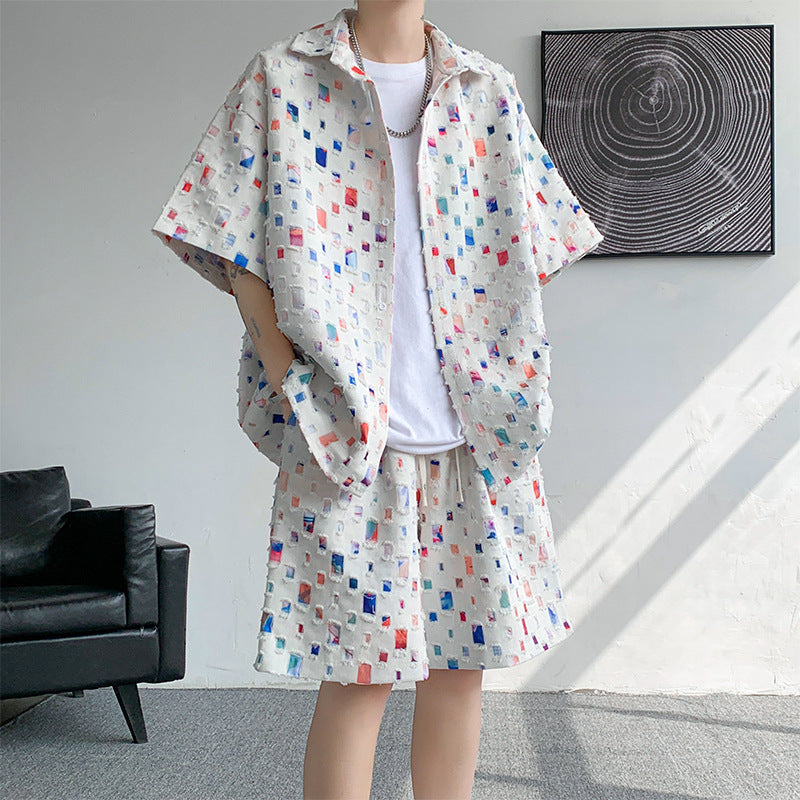 Summer New Chessboard Plaid Shirt Short Sleeve Shorts Suit - White Suit / M
