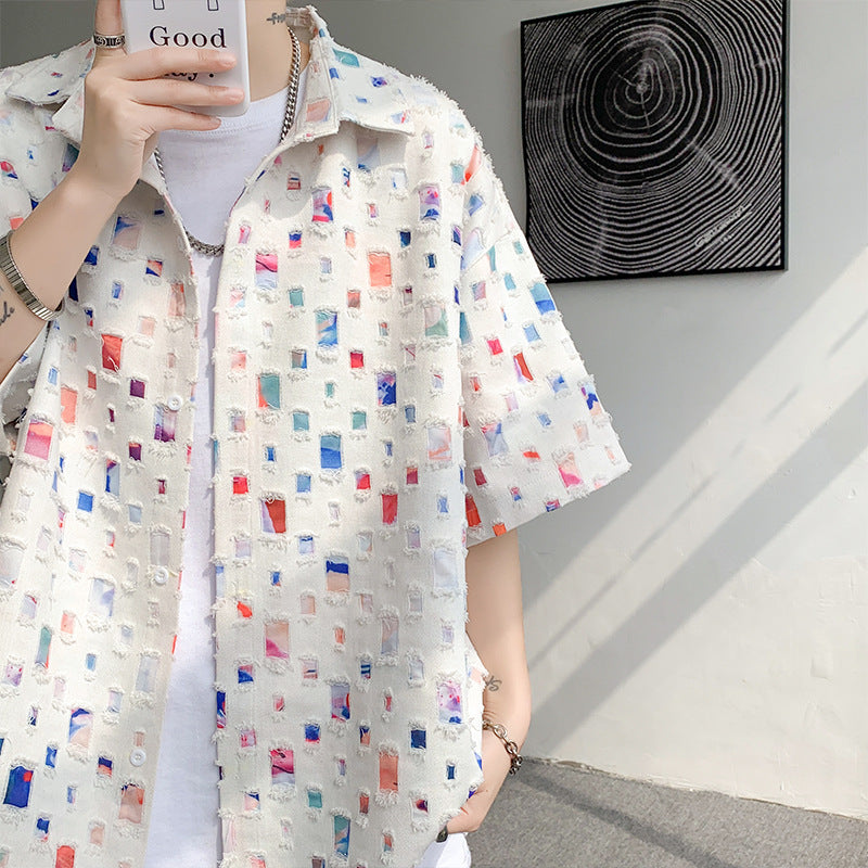 Summer New Chessboard Plaid Shirt Short Sleeve Shorts Suit - White Top / M