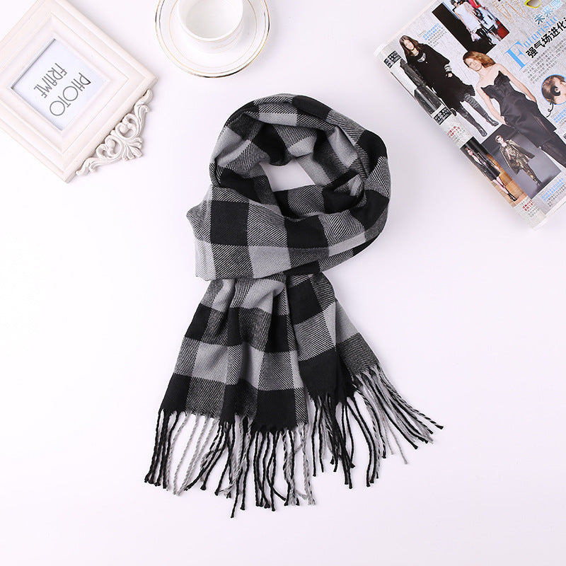 Men’s Fashion English Plaid Faux Cashmere Scarf - Black and grey medium grid