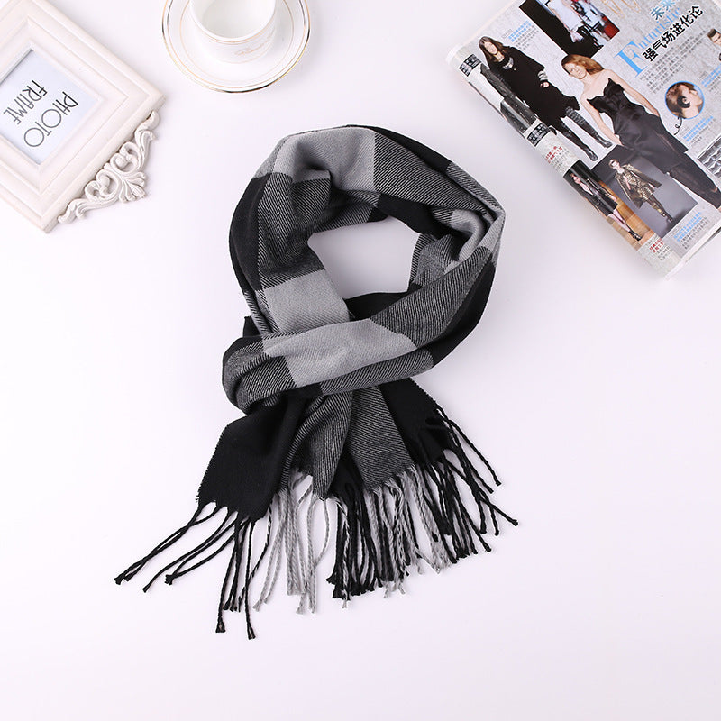 Men’s Fashion English Plaid Faux Cashmere Scarf - Black grey large format