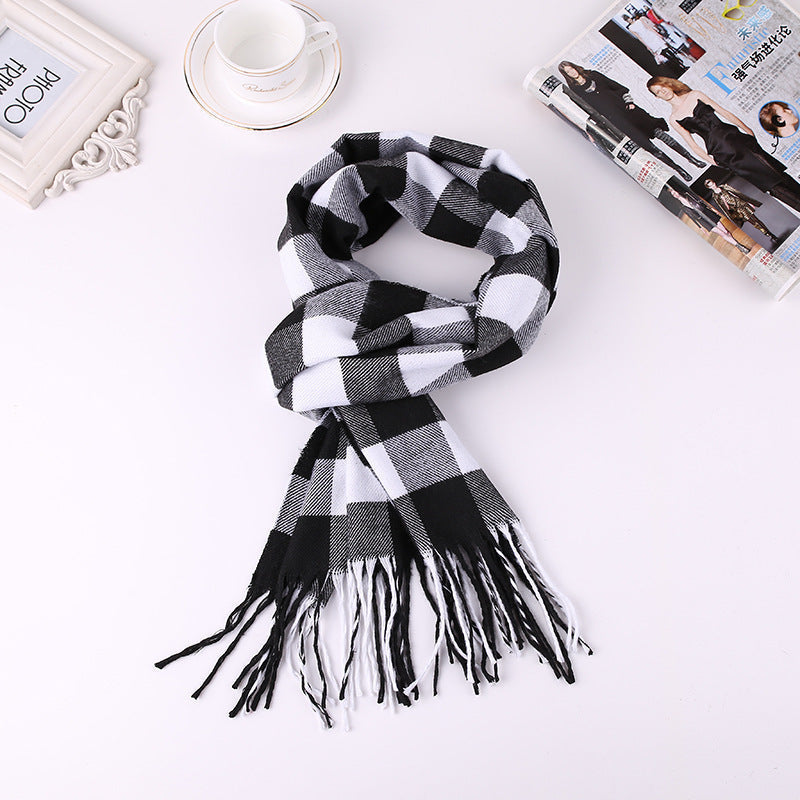 Men’s Fashion English Plaid Faux Cashmere Scarf - Black white large grid