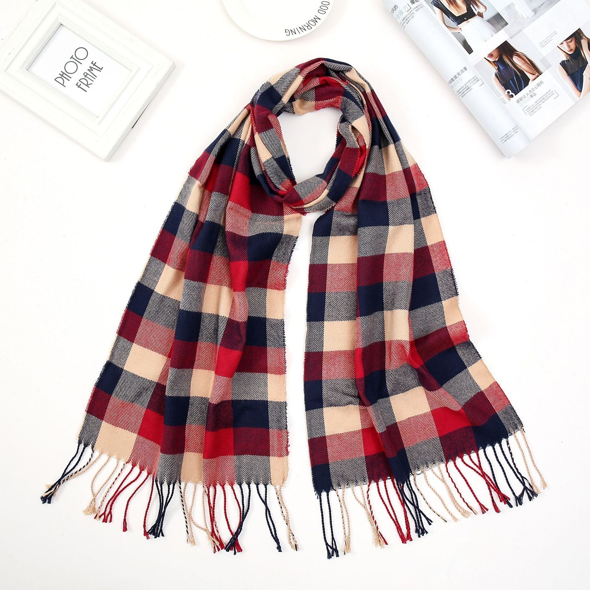 Men’s Fashion English Plaid Faux Cashmere Scarf - Orange Red Blue Grid