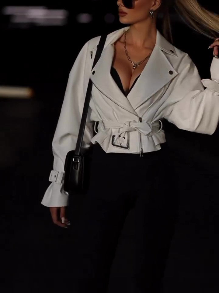Solid Color Leather Cropped Jacket - 4