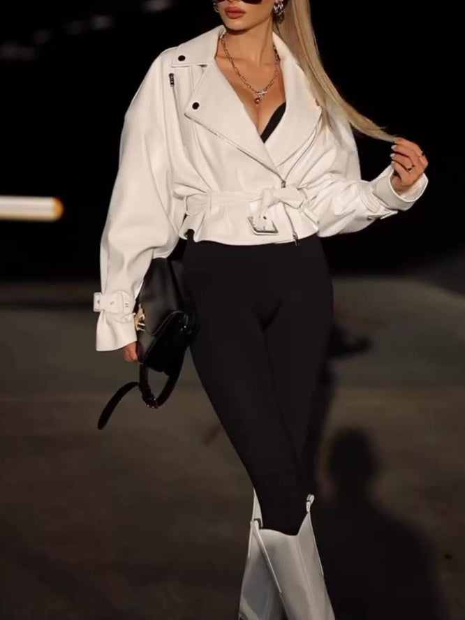Solid Color Leather Cropped Jacket - 4