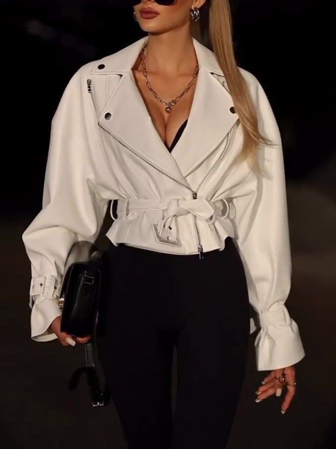 Solid Color Leather Cropped Jacket - White / XS - 4