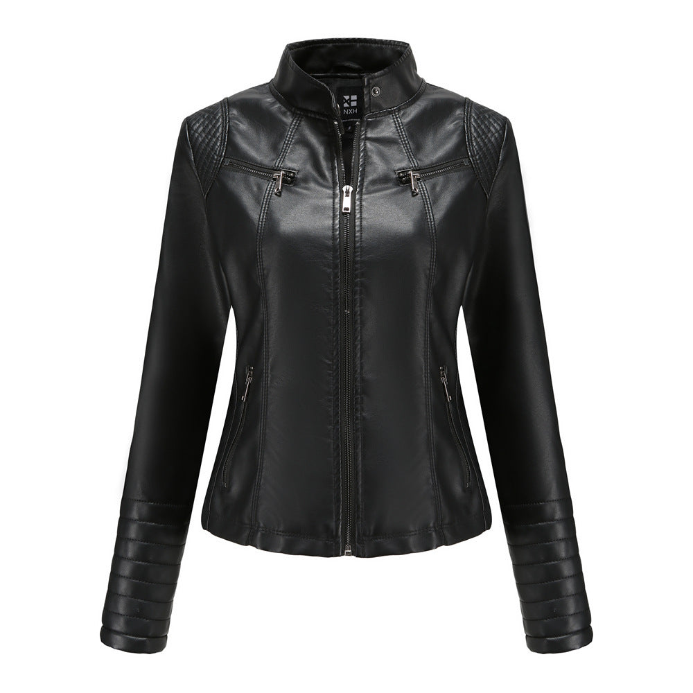 Women’s Leather Thin Motorcycle Clothing Short Chic Women’s Jacket - Black / S