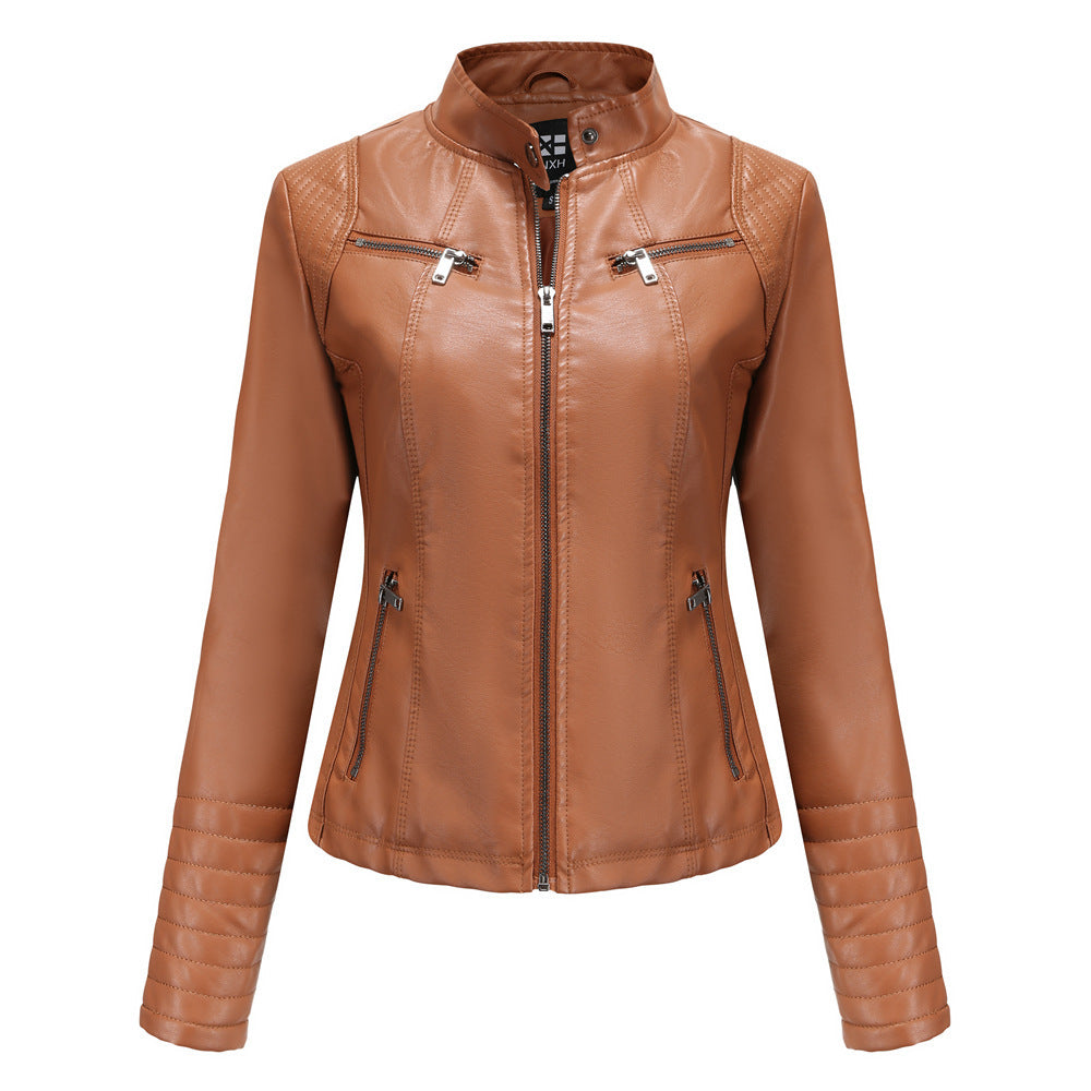 Women’s Leather Thin Motorcycle Clothing Short Chic Women’s Jacket - Camel / S
