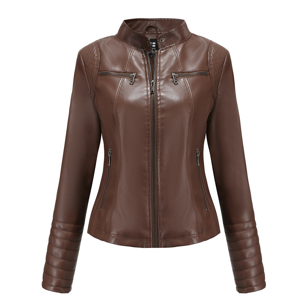 Women’s Leather Thin Motorcycle Clothing Short Chic Women’s Jacket - Coffee / S