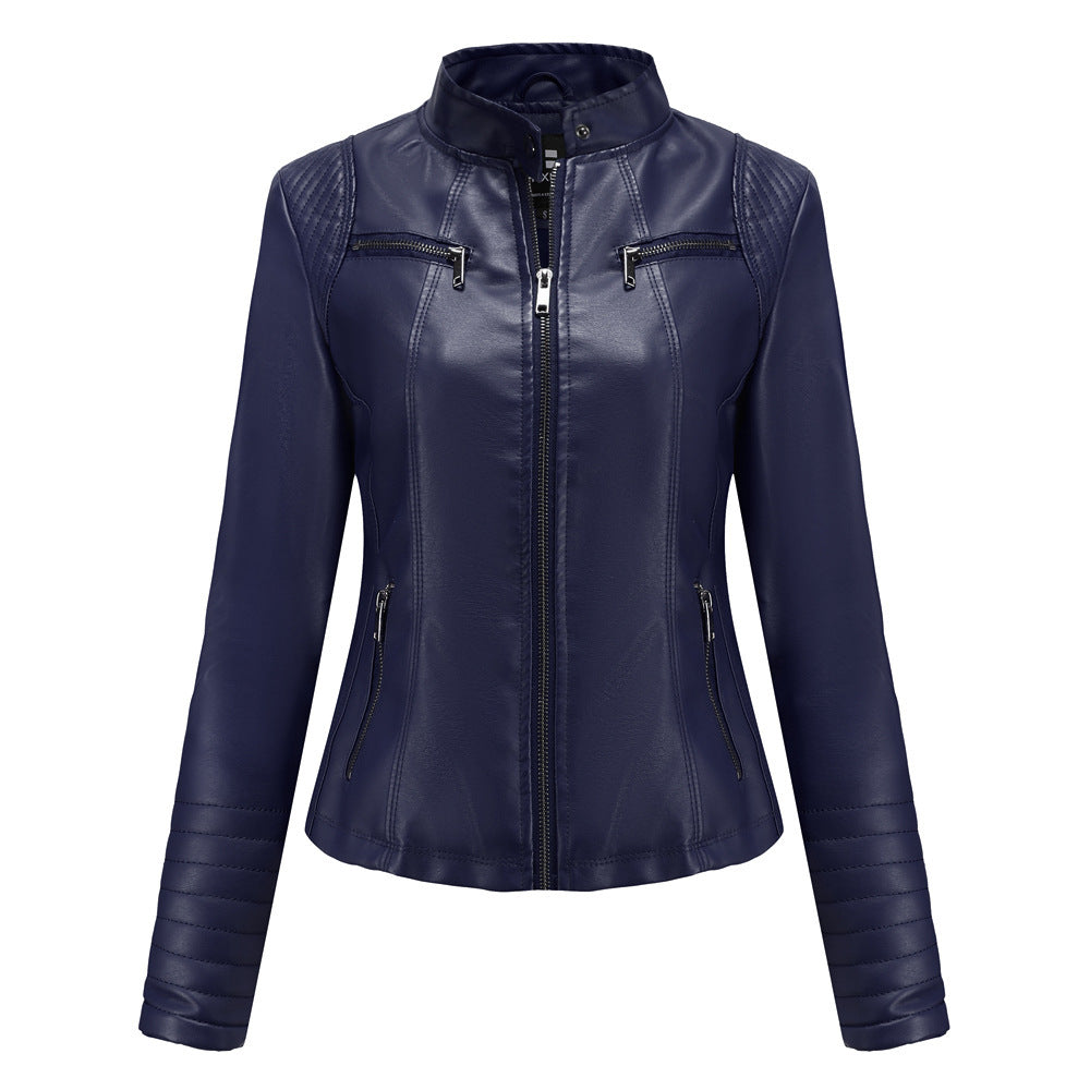 Women’s Leather Thin Motorcycle Clothing Short Chic Women’s Jacket - Dark Blue / S