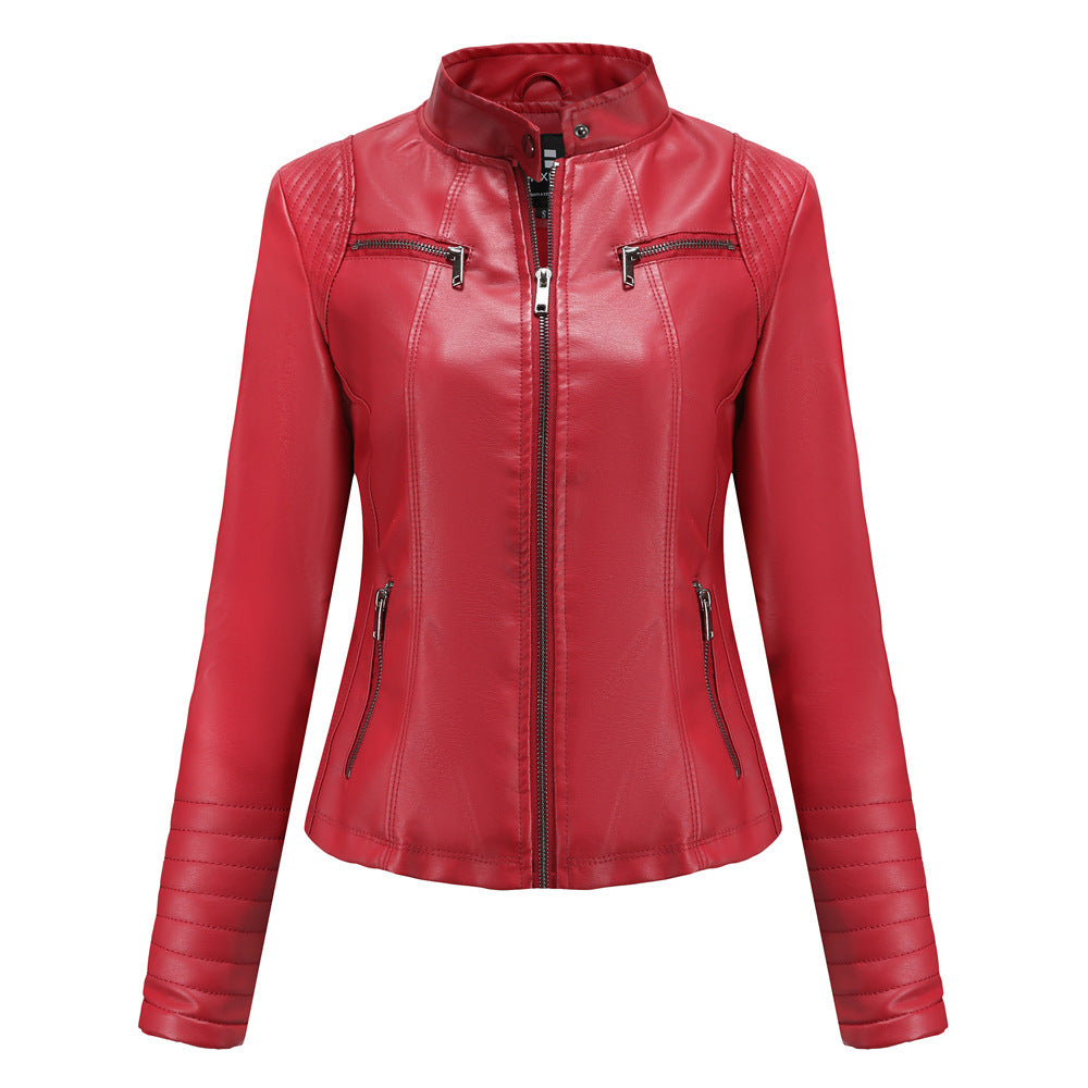Women’s Leather Thin Motorcycle Clothing Short Chic Women’s Jacket - Red / S
