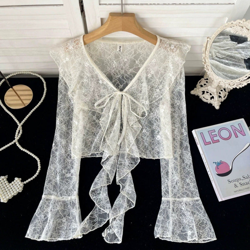 Ruffled Tied Short Lace Sun Protection Cardigan - Apricot / S