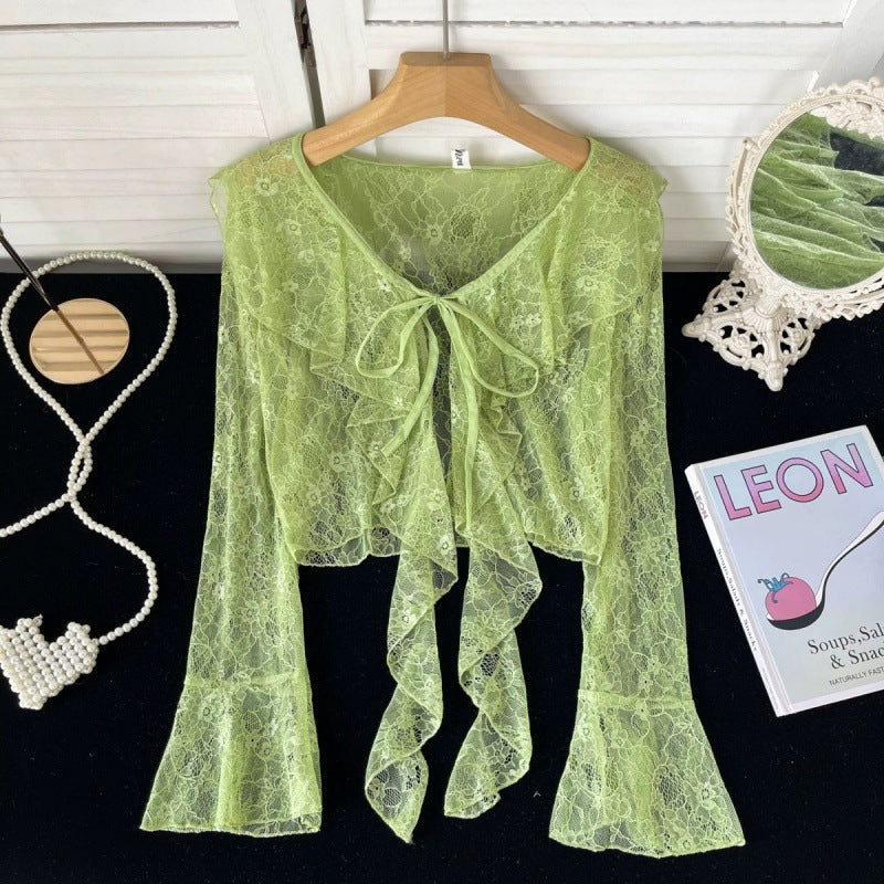 Ruffled Tied Short Lace Sun Protection Cardigan - Green / S