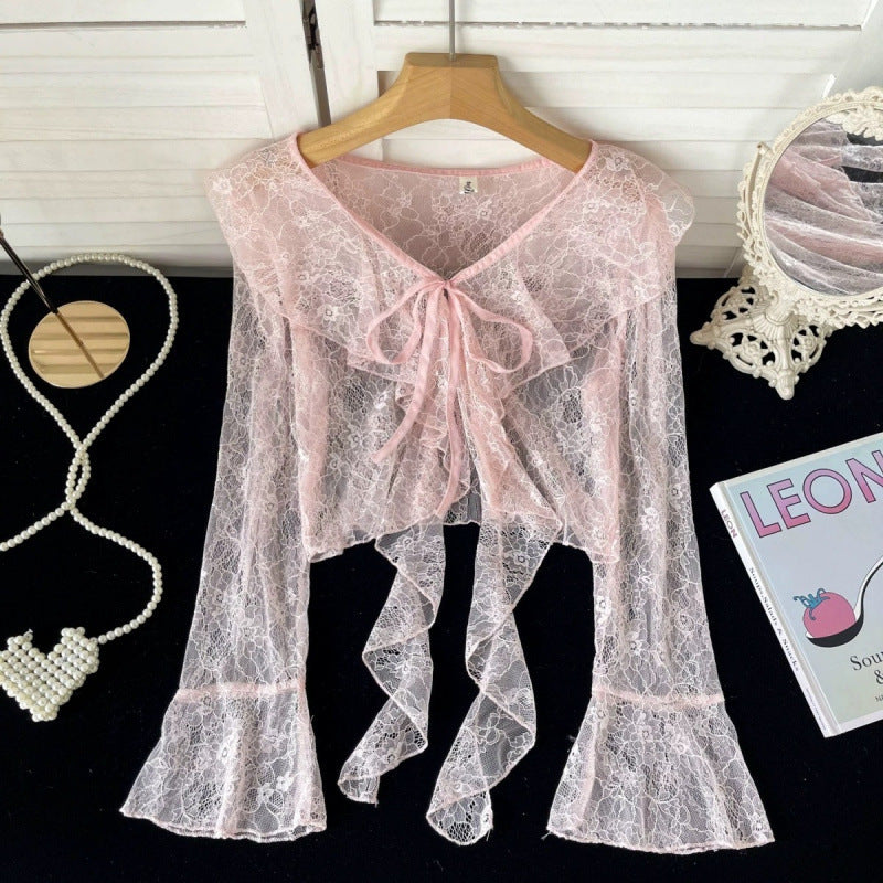 Ruffled Tied Short Lace Sun Protection Cardigan - Pink / S