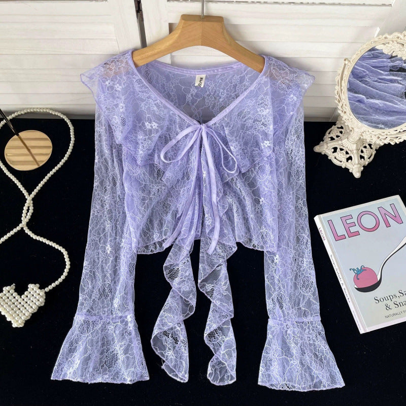 Ruffled Tied Short Lace Sun Protection Cardigan - Purple / S