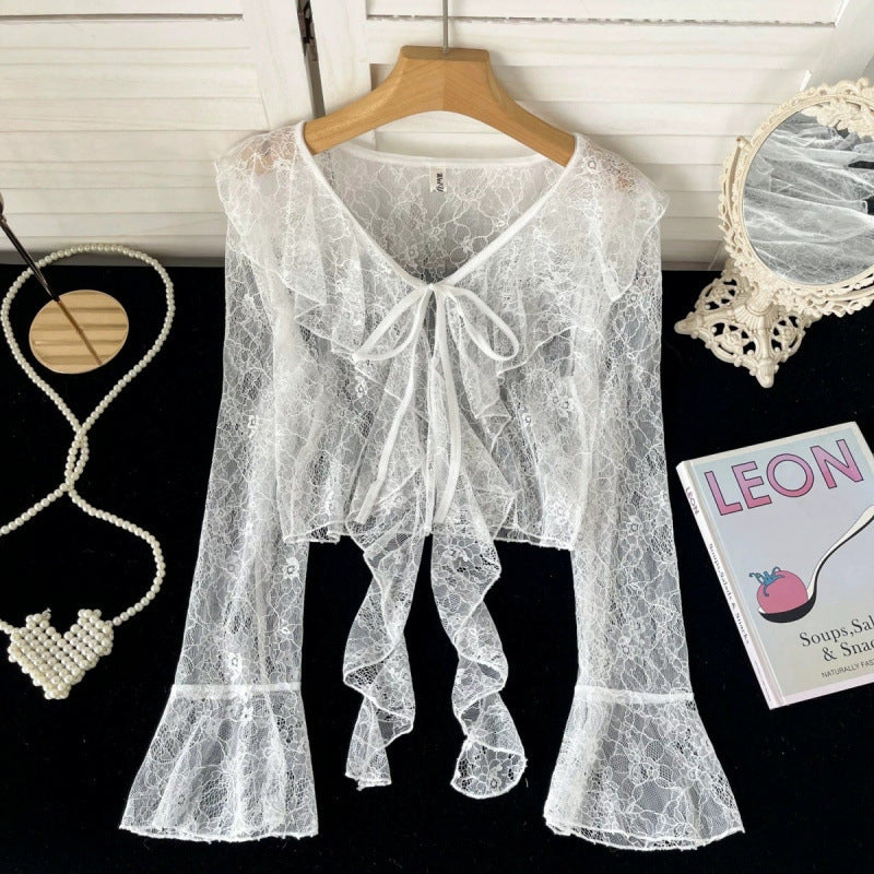 Ruffled Tied Short Lace Sun Protection Cardigan - White / S
