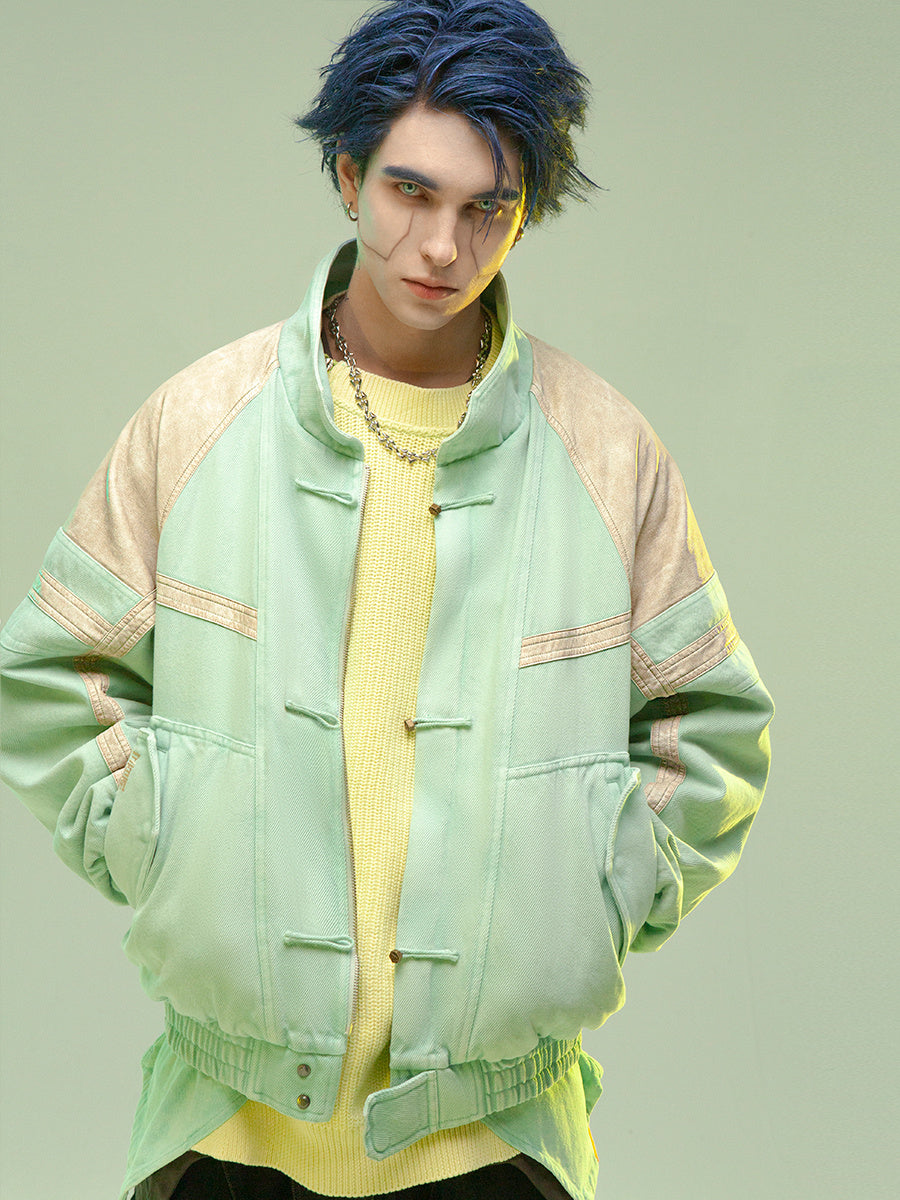 Chinese Style Leather Patchwork Washed Thickened Short Jacket - Cyan / XS