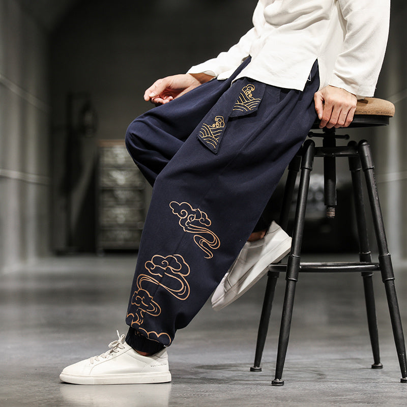 New Chinese Style Men’s Trousers Printed Loose Wide-leg Trousers Plus Size