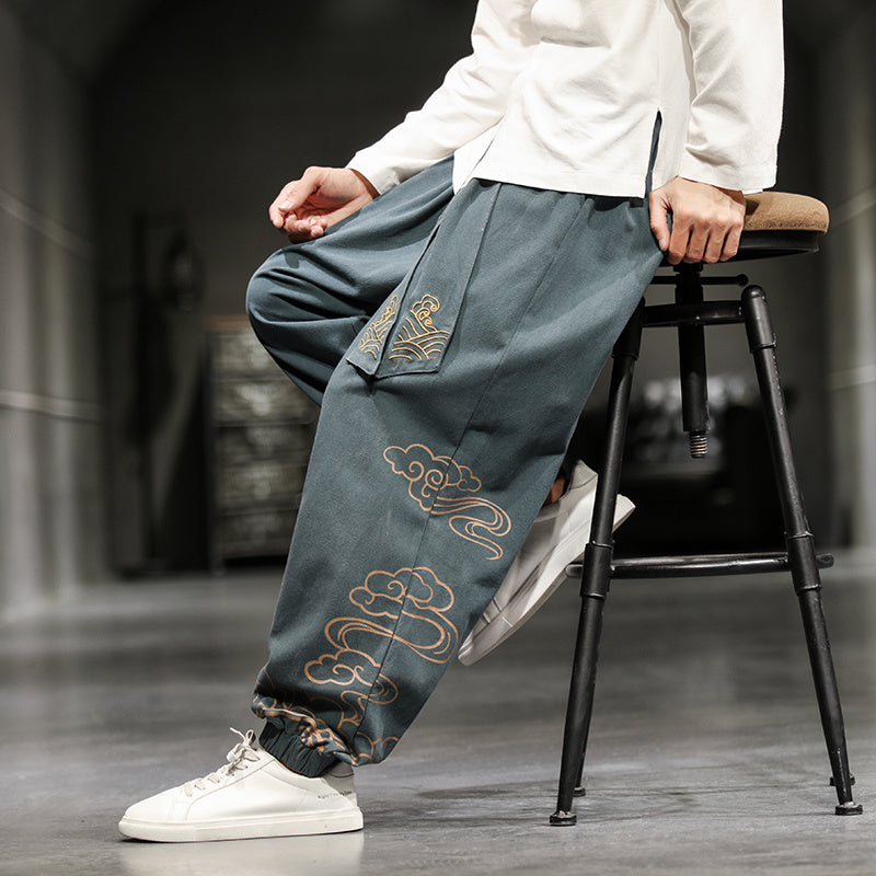 New Chinese Style Men’s Trousers Printed Loose Wide-leg Trousers Plus Size - Grey / M