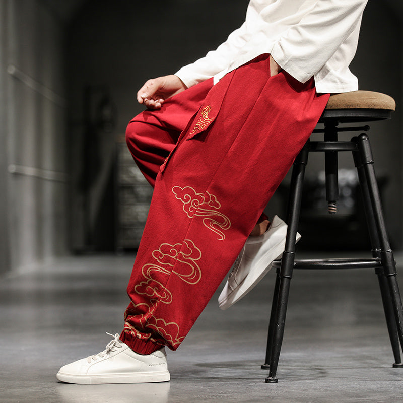 New Chinese Style Men’s Trousers Printed Loose Wide-leg Trousers Plus Size - Red / M