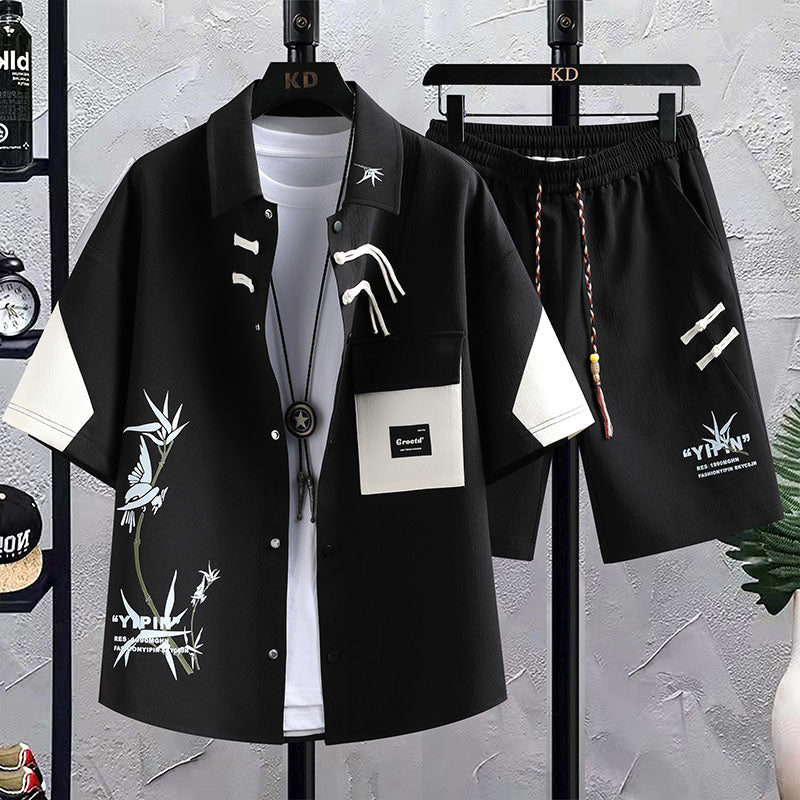 New Chinese Style National Style Suit Men’s Summer Short Sleeve Shirt Shorts Wear A Set Of Casual Sports Clothes - 2416
