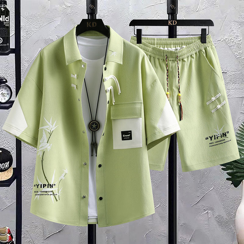 New Chinese Style National Style Suit Men’s Summer Short Sleeve Shirt Shorts Wear A Set Of Casual Sports Clothes - 2416