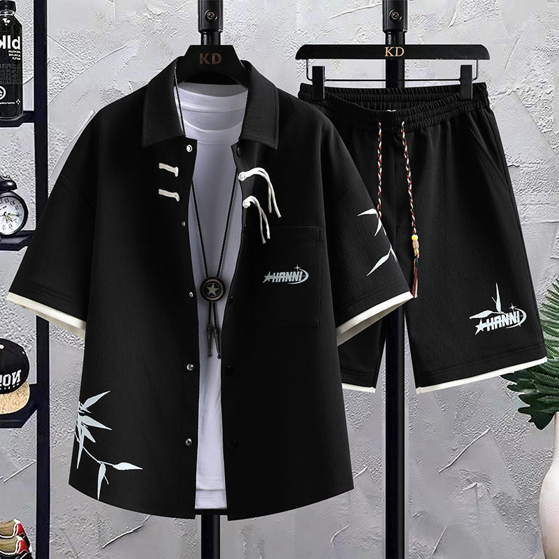 New Chinese Style National Style Suit Men’s Summer Short Sleeve Shirt Shorts Wear A Set Of Casual Sports Clothes - 2417