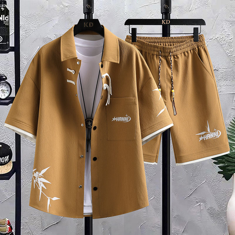 New Chinese Style National Style Suit Men’s Summer Short Sleeve Shirt Shorts Wear A Set Of Casual Sports Clothes - 2417
