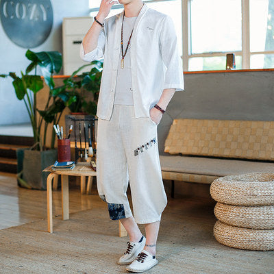 Cotton And Linen T-shirt Short-sleeved Trend Tang Suit Cardigan Han Suit Loose Large Size - Offwhite / M