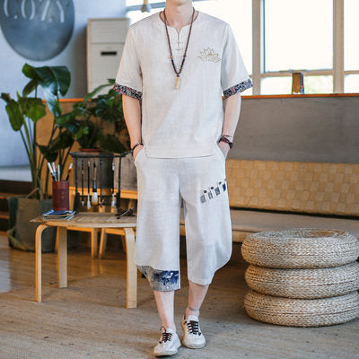 Cotton And Linen T-shirt Short-sleeved Trend Tang Suit Cardigan Han Suit Loose Large Size - White / M