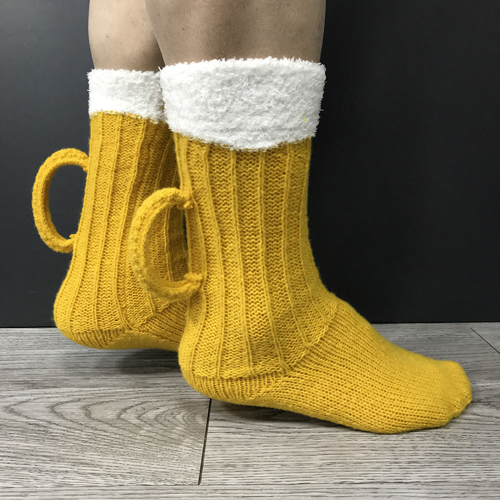 European And American Beer Socks Color Matching Home Floor Socks Thermal Middle Tube - Yellow / Free Size