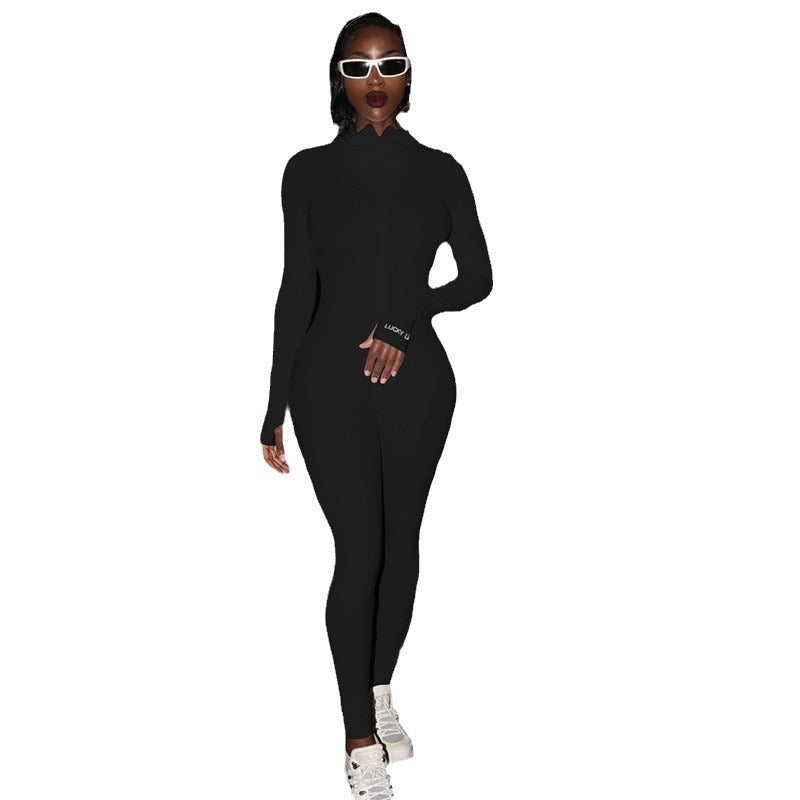 Women’s Zipper Stretch Turtleneck And Embroidered Slim Fit Fitness Jumpsuit Yoga Suit