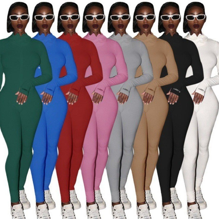 Women’s Zipper Stretch Turtleneck And Embroidered Slim Fit Fitness Jumpsuit Yoga Suit