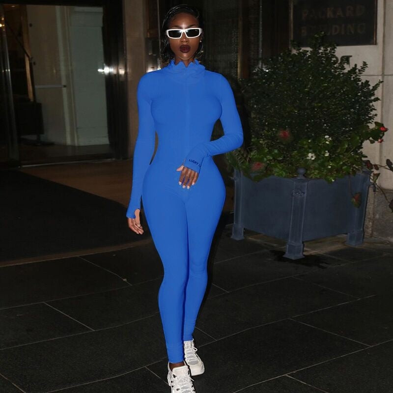 Women’s Zipper Stretch Turtleneck And Embroidered Slim Fit Fitness Jumpsuit Yoga Suit