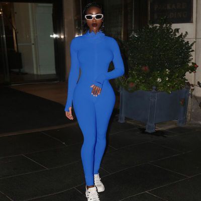 Women’s Zipper Stretch Turtleneck And Embroidered Slim Fit Fitness Jumpsuit Yoga Suit - Blue Long / XS